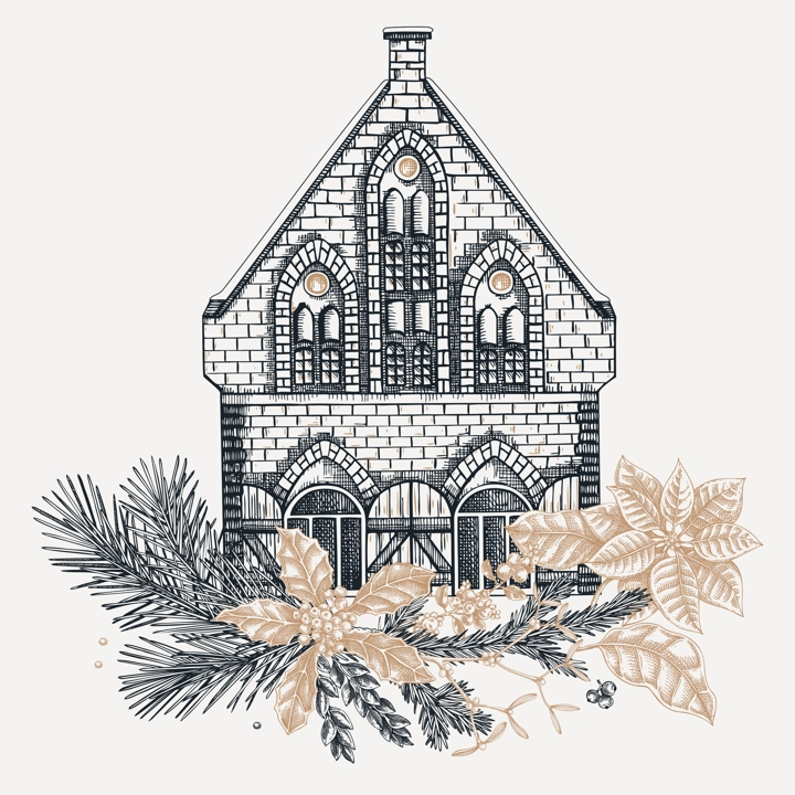 Christmas card design. European architecture sketch. Vintage brick house drawing. Winter trees hand-drawn vector illustration. NOT AI generated